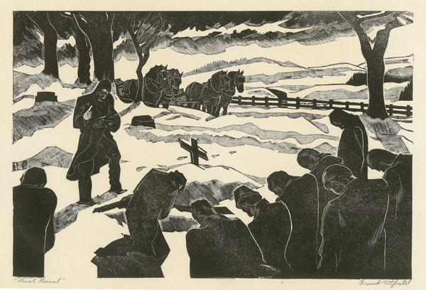 Engraved view of a country burial in the snow. A clergyman reads a blessing as a mourner kneels near the grave. A group of mourners bow their heads. A team of harnessed horses stands in the background.