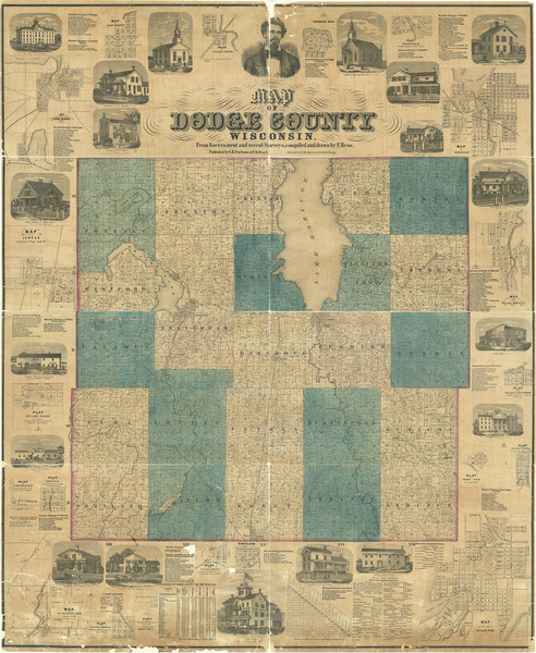 This map of Dodge County, Wisconsin, shows the township and range grid, towns, sections, cities and villages, railroads, roads, property owners and acreages, and lakes and streams. Tables provide statistics on voting and taxes paid as well as distances between points in the county. A list of county officials is provided. Inset maps and business directories are provided for Fox Lake, Waupun, Chester, Theresa, Kekoskee, Horicon, Juneau, Mayville, Rolling Prairie, Conversville, Danville, Beaver Dam, Burnett, Reeseville, Hustisford, Lowell, northern Watertown, Neosho, Iron Ridge, Oak Grove, Rubicon, and Juneau. Illustrations of residences, businesses, and other buildings are printed in the margins. 
