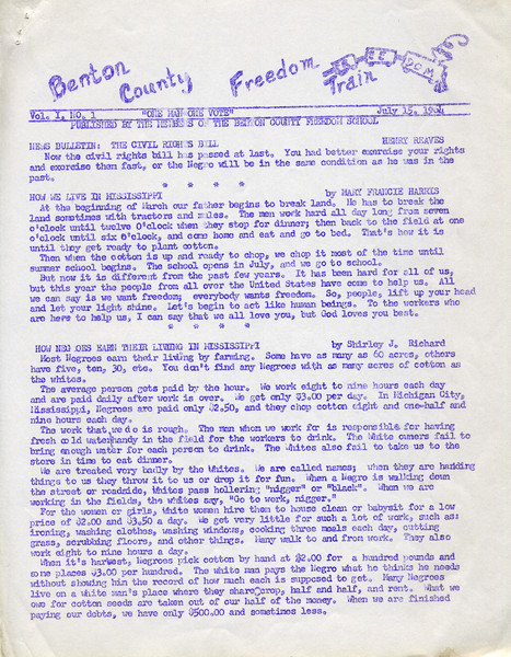 The cover design of the <i>Benton County Freedom Train</i> newsletter printed with purple ink, probably mimeographed.
