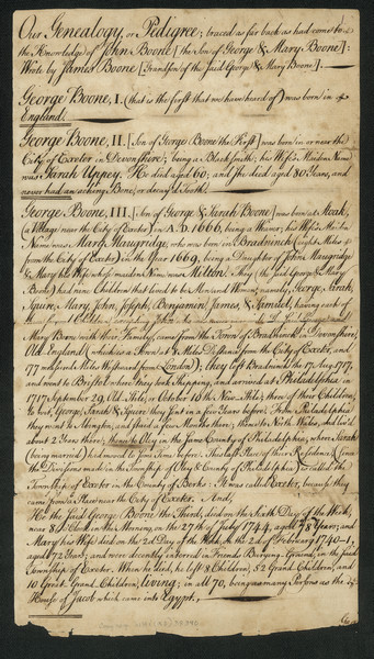 Handwritten letter of genealogical information about the Boone family.