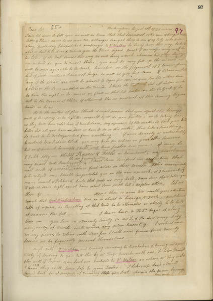 The front page of a letter written by Thomas Lewis to William Preston. From <i>Preston and Virginia Papers</i> [Calendar series Volume 1]: "Rockingham. Letter to Col. William Preston. Concerning lands; the sending of plans to Doctor Walker for signature, etc.; the matter of fees to be adjusted with the company; moral and political reflections; Washington to besiege New York; some talk of peace. August 20. Plans sent to Doctor Walker by Trigg; summoned as witness in case concerning claims of William Ingles to Burk's Garden in consequence of Burk's contract with Colonel Patton. A. L. S. 2 pp. Endorsed: Thos. Lewis."