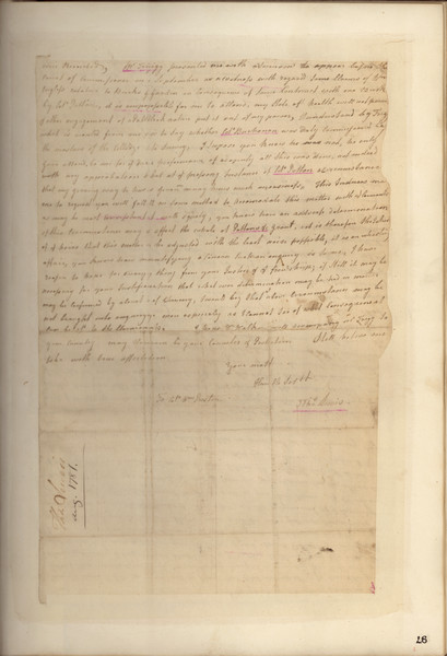 The second page of a letter written by Thomas Lewis to Col. William Preston. From <i>Preston and Virginia Papers</i> [Calendar series Volume 1]: "Rockingham. Letter to Col. William Preston. Concerning lands; the sending of plans to Doctor Walker for signature, etc.; the matter of fees to be adjusted with the company; moral and political reflections; Washington to besiege New York; some talk of peace. August 20. Plans sent to Doctor Walker by Trigg; summoned as witness in case concerning claims of William Ingles to Burk's Garden in consequence of Burk's contract with Colonel Patton. A. L. S. 2 pp. Endorsed: Thos. Lewis."