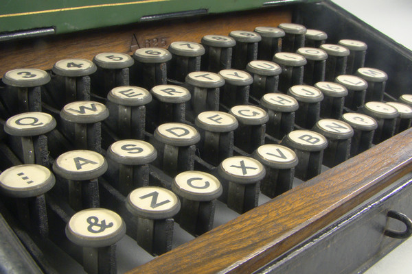 The keyboard of the first practical typewriter, developed by Christopher Latham Sholes of Milwaukee, Wisconsin and marketed in 1874.