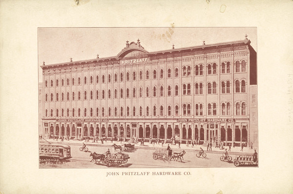 The facade of the John Pritzlaff Hardware Co., on the back cover of the Old Settlers' Club Banquet Menu.