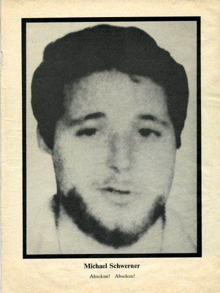 Black and white close-up photograph of Michael Schwerner with the caption, "Absolum! Absolum!" The image was used in the special issue of the <i>Ramparts Magazine</i> with the title, ""Mississippi Eyewitness."