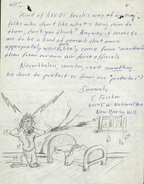 A pencil drawing of a man holding his hands over his ears, standing next to his bed as though he's just leapt out of it. His expression is similar to that of Edvard Munch's painting "The Scream." The drawing is on a letter from C. Fricker to Senator Proxmire regarding the Air Force's loud testing of jet bombers.