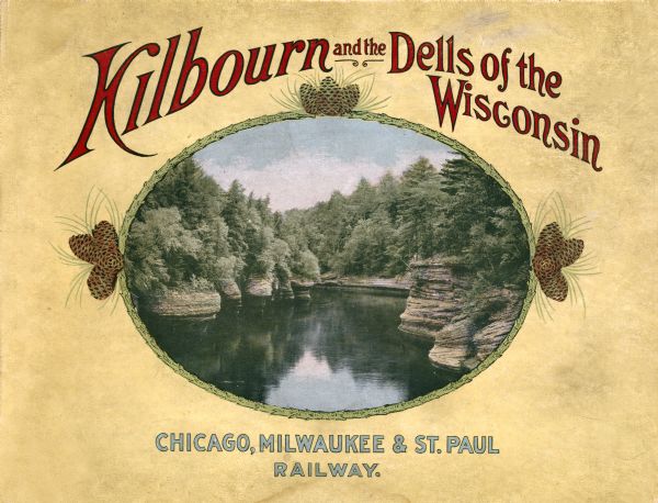 Promotional brochure for the Wisconsin Dells (then known as Kilbourn) issued by the Chicago, Milwaukee & St. Paul Railway. The railroad illustrated many of its passenger brochures with photographs taken by photographer Henry H. Bennett, and in this way Bennett and the railroad collaborated in the emergence of the Dells as an important tourist destination.