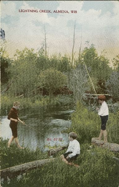 Chromolithograph postcard of three boys, two with fishing poles, at Lightning Creek. Caption reads: "Lightning Creek, Almena, Wis."