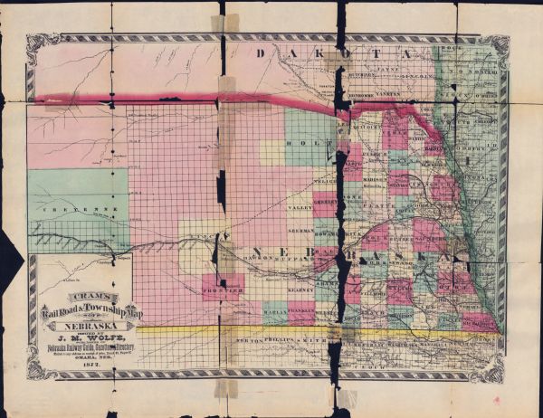Issued by J.M. Wolfe, publisher of Nebraska railway guide, gazetteer & directory. 
Publisher: Omaha, Neb. : J.M. Wolfe, 1872. 
Description: 1 map : hand-colored Notes: Scale approximately 1:1,448,000. 

