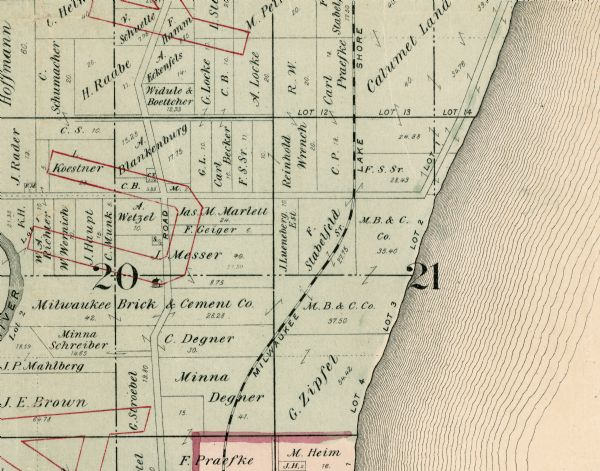 Detail of a Milwaukee County map that shows sections 20 and 21 at Range 22 East, Township 8 North.