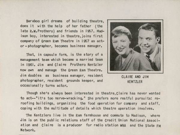 A brief article about Claire and Jim Kentzler, the couple who owned and managed the Green Ram Theater.