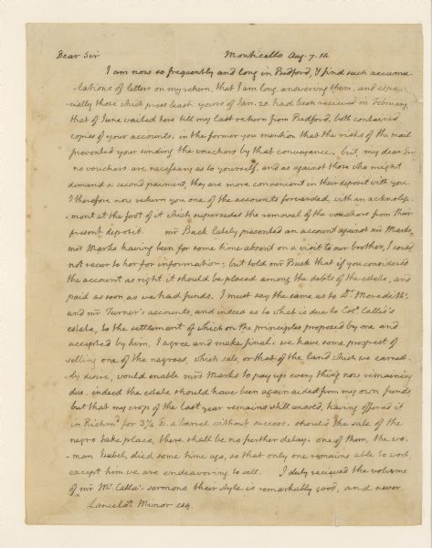 The first page of a letter written by Thomas Jefferson to Lancelot Minor.