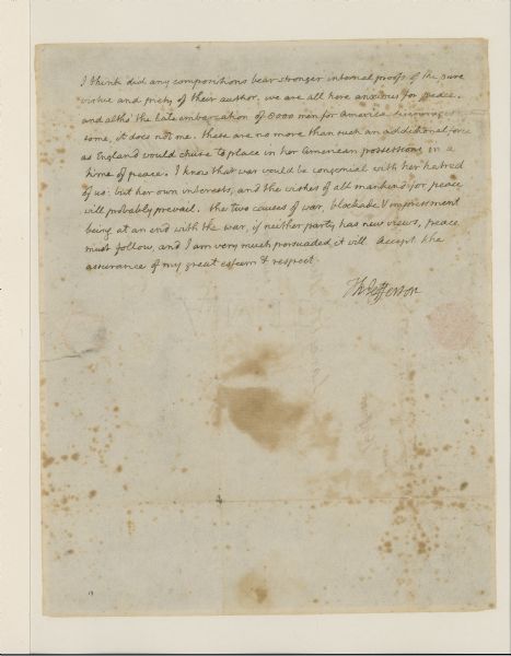 The second page of a two page letter written by Thomas Jefferson to Lancelot Minor.