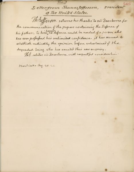 The front page of a letter writen by President Thomas Jefferson to Henry Dearborn.