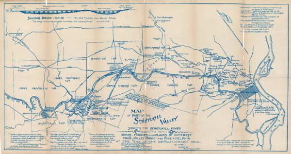 Map showing the Schuylkill River with roads, ferries, and points of interest from Valley Forge to Philadelphia, Pennsylvania as it appeared during the Revolutionary War. The map has detailed information about battles and skirmishes that took place along the route and features quotes along the top and bottom regarding various battles. The top right of the map features a timeline of events between August 24th and December 19th, 1777. The top left has a drawing of Sullivan's Bridge and Fatland Island. The Delaware River is also labeled.