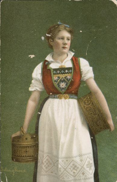 An illustration of a Norwegian girl in a traditional dress. She has a decorated wooden box under her left arm, and a wooden pail in her right hand.