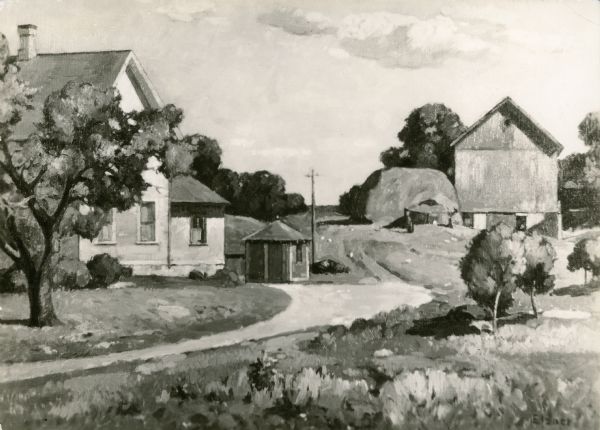 Black and white photograph of the painting titled "Late Summer." The painting depicts a farmhouse and a barn.