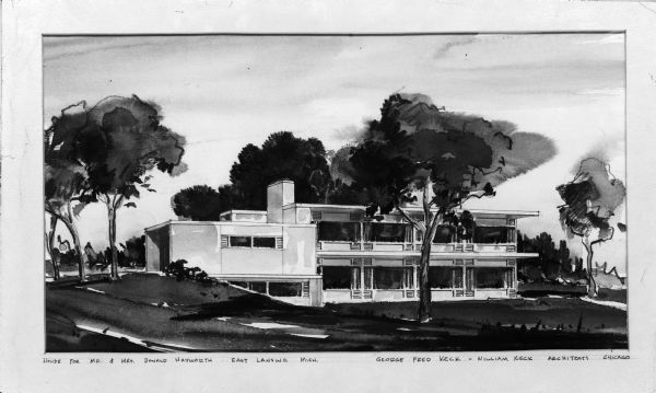 A rendering in the negative of a house for Mr. and Mrs. Donald Hayworth.