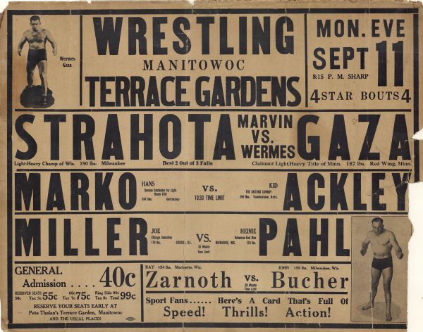 Poster for a wrestling event at Manitowoc Terrace Gardens, featuring Strahota vs. Gaza, Marko vs. Ackley, Miller vs. Pahl, Zarnath vs. Bucher. Monday evening September 11 at 8:15 p.m. sharp.