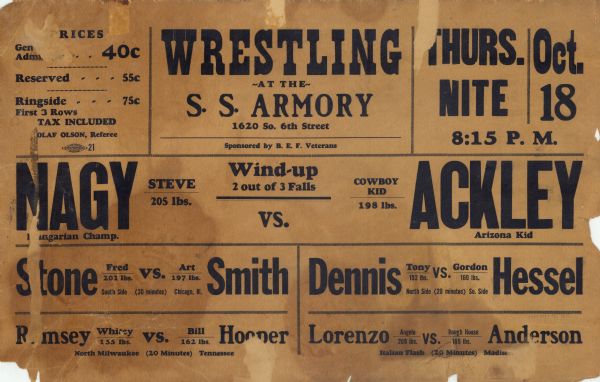 Poster for wrestling event at the S.S. Armory featuring Magy vs. Ackley, Stone vs. Smith, Dennis vs. Hessel, Ramsey vs. Hooper and Lorenzo vs. Anderson. Event is Thursday Oct 18 at 8:15 p.m.