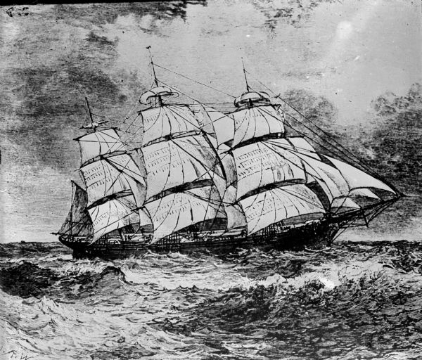 An illustration of a three-masted sailing ship in the ocean.