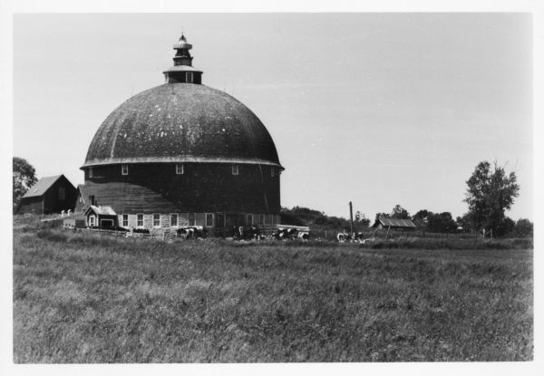View across field of a round barn with cows grazing in the pasture in front. Built by John Warren, Menominee.