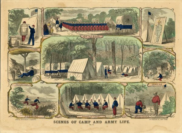 "Scenes of Camp and Army Life." Idyllic lithograph view of nine scenes of Union Army life.