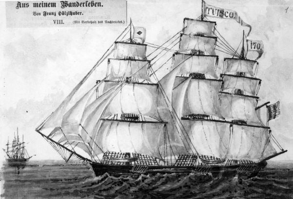 Black and white photograph of a watercolor depicting the sailing ship <i>Tuisco</i>, an immigrant boat. See Image #28146.