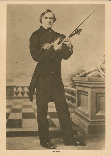 Monograph of famous Norwegian violinist Ole Bull holding his violin and bow.
