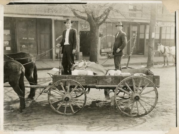 Two farmers standing in the bed of a wooden Columbus wagon loaded with groceries and other goods. The original caption reads: "One of the reasons why Alabama is in her present financial conditions, is that so many farmers raise nothing but cotton and buy all of their vegetables, and other food stuffs at the store. It is also very noticeable that it usually takes two strong, working men to make the trip to town for a few rations, as one would get lonesome on the road. This wagon contained some flour, and groceries, destined for a farm of 320 acres 28 miles from Jasper."