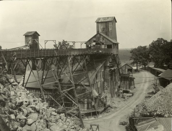 Elevated view of a shaft house at a zinc mine.