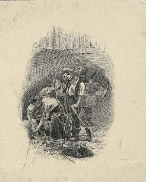 An illustration of miners at the bottom of a mine filling a bucket to be lifted to the surface. One man is calling upwards.