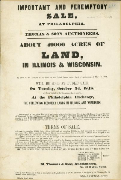 Poster advertising an auction for about 49,000 acres of land for sale in Wisconsin and Illinois by Thomas & Sons Auctioneers.