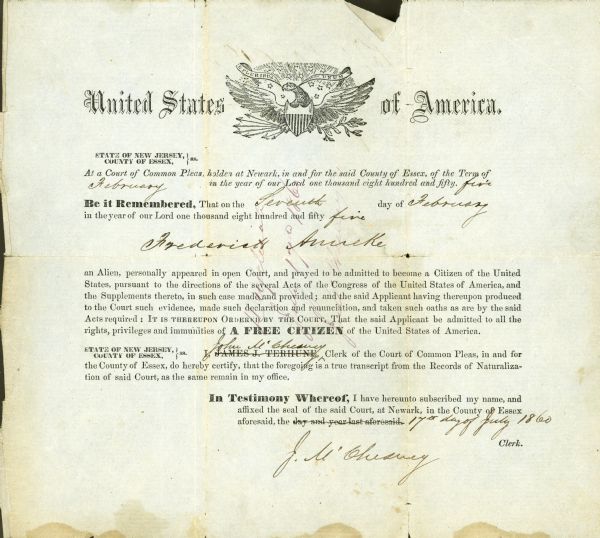 A certificate granting United States citizenship to Frederick Anneke.