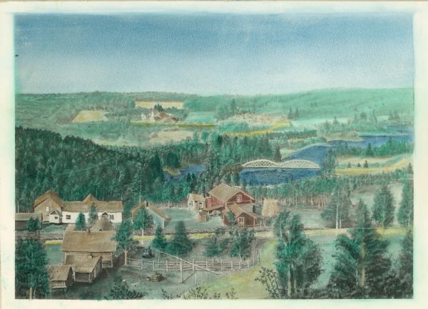 Colorized elevated view of a Norwegian rural home. The buildings in the foreground are the home of Lars Haagenson. Across the Glomma River is the Aaseth Estate, or Gaard.
