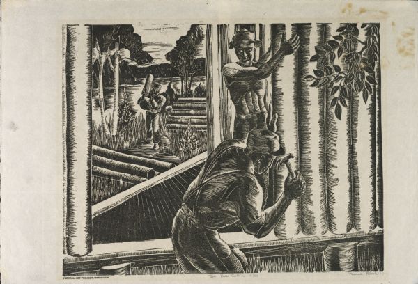 Linoleum cut engraved view of men building a log cabin. One man carries a log in the background near a lake or river, while another man nails a log held in place by a third man.