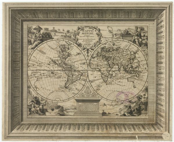 Double hemispherical world map showing routes of Tasman, Magellan, Mendana, etc. Relief shown pictorially. Title in oak wreath cartouche. Map between four tableaux of personifications of the Americas, Asia, Europe and Africa; also in decorative border. Mounted on cloth. Includes a stamp from the Wisconsin Historical Society marking 1886 as its date of acquisition.