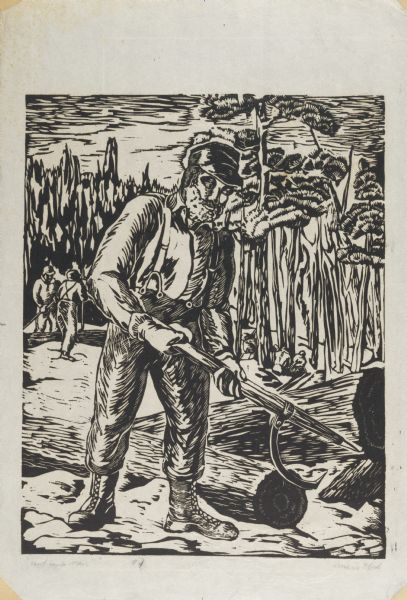 Linoleum cut print of a man using a cant hook to move logs. Other lumberjacks work in the background.