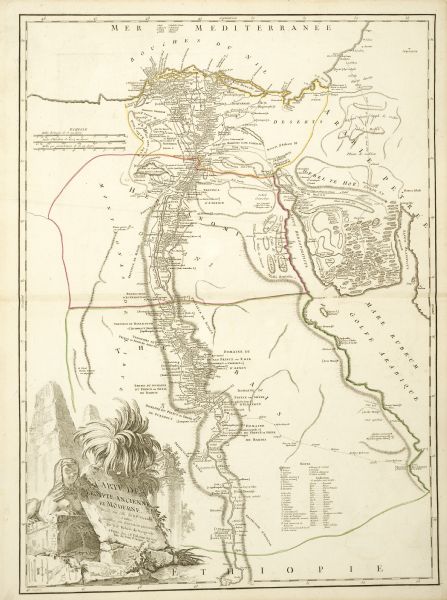 Engraved and hand-colored map of Egypt. Map title appears on bottom left                                                        as a carving in stone next to a statue of a sphinx.