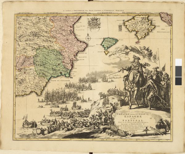 Engraved and hand-colored map of the Iberian peninsula as a theater of war during the War of the Spanish Succession (1701-1714). The map is dedicated to King Philip V, who was recognized as monarch at the 1713 Peace of Utrecht. The map's title appears near a large  illustration of King Philip V, on horseback, pointing to a naval battle.