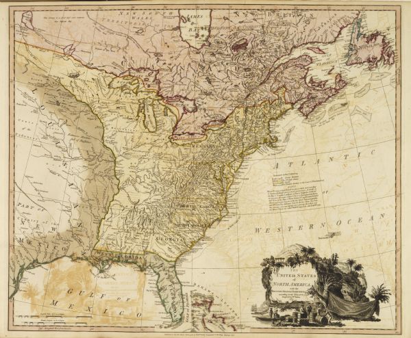 Map of part of North America engraved and hand-colored (the light brown design is a superposition of the map and cartouche derived from the oxidation of the ink used). Map title is surrounded by illustration of white people receiving goods from workers, and scenes of a Caribbean plantation. Territories are demarcated by colored lines, according to which country owns them.