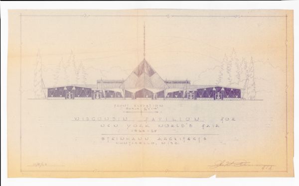 Blueline drawing of the front elevation of the Wisconsin Pavilion for the 1964 World's Fair in New York.