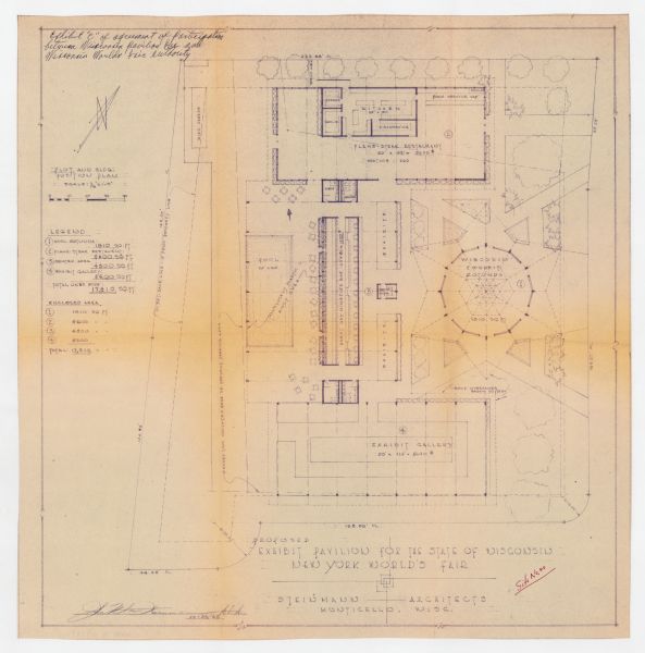 Blue line drawing of the proposed exhibit pavilion for the State of Wisconsin for the New York World's Fair of 1964.