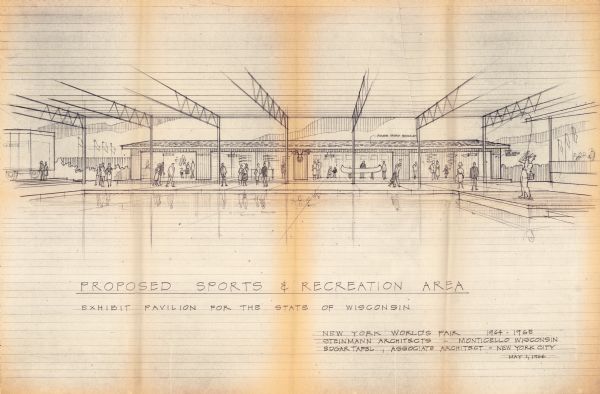 Architect's rendering of a sports and recreation exhibit area at the Wisconsin pavilion for the 1964 New York World's Fair. A man at right is shown fishing in a pool in the foreground of the drawing. The truck carrying the World's Largest Cheese is depicted at left. Several people are shown milling about the area looking at gun displays, a canoe, mounted fish, and other recreation exhibits.