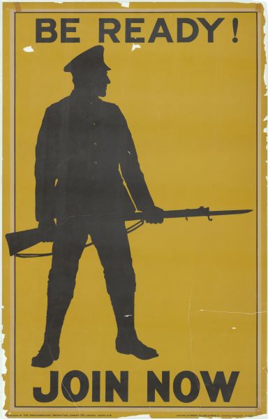 British recruitment poster commissioned by the Parliamentary Recruiting Committee, London. Depicts a silhouette of a British soldier holding a rifle.