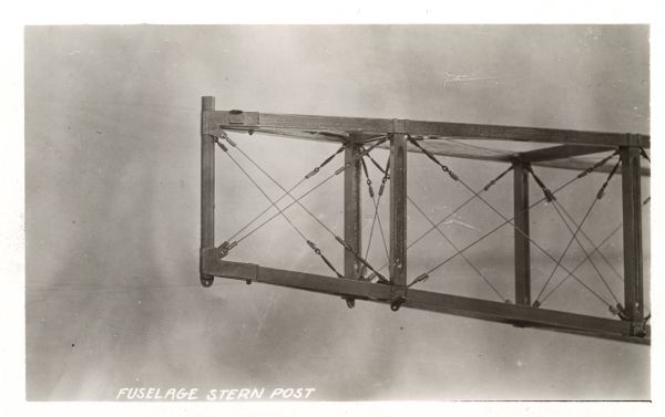 Photographic postcard showing the stern post for the fuselage of the Lawson Military Tractor 2 (M.T.2).