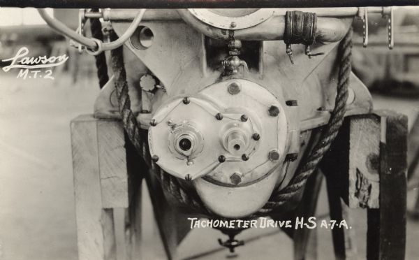 Photographic postcard of a close-up of the tachometer drive for the Lawson Military Tractor 2 (M.T.2).