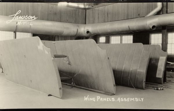 Photographic postcard showing the wing panel assembly for the Lawson Military Tractor 2 (M.T.2).