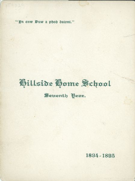 The front cover of a booklet about Hillside Home School during 1894-1895, the school's seventh year.