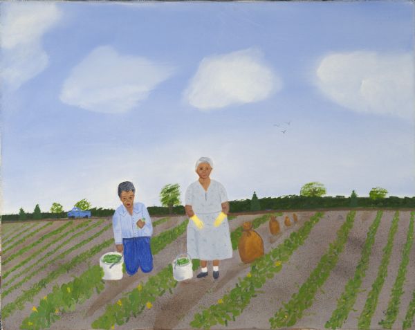This scene was painted by Seferina Contreras Klinger from memories of her grandmother, Aurelia M. Contreras, and her uncle, Fidel Contreras, who worked picking cucumbers for Marks Brothers farm in Wautoma, Wisconsin in the 1960s. Aurelia was in her 80s and Fidel in his 60s in the time period of the painting.